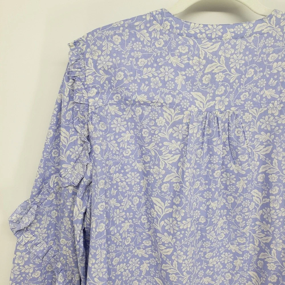 J Crew Floral Ruffle Bib Blouse Top Women Size L Blue White Cotton Peasant NWT